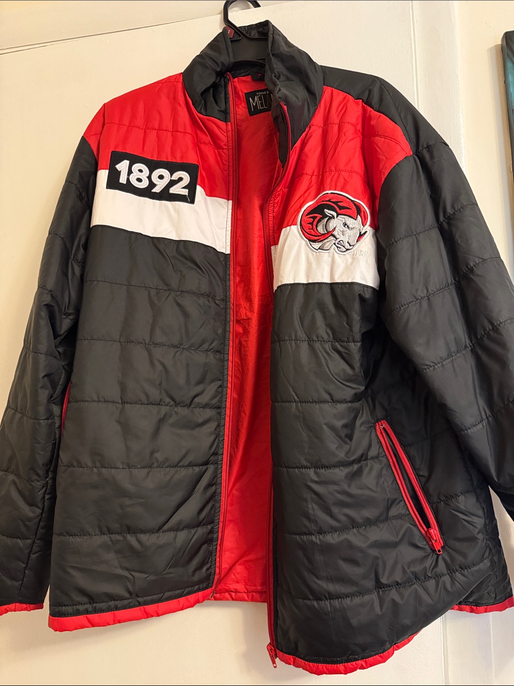 Black And Red Puffer Jacket With 1892 Patch